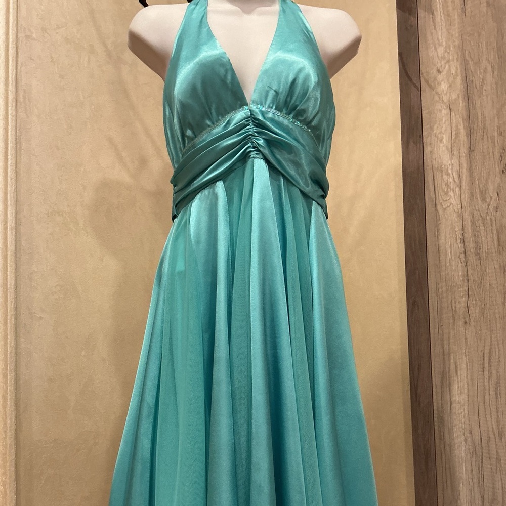Merlin Monroe style Aqua Halter Satin Dress asymmetrical skirt for wedding/prom